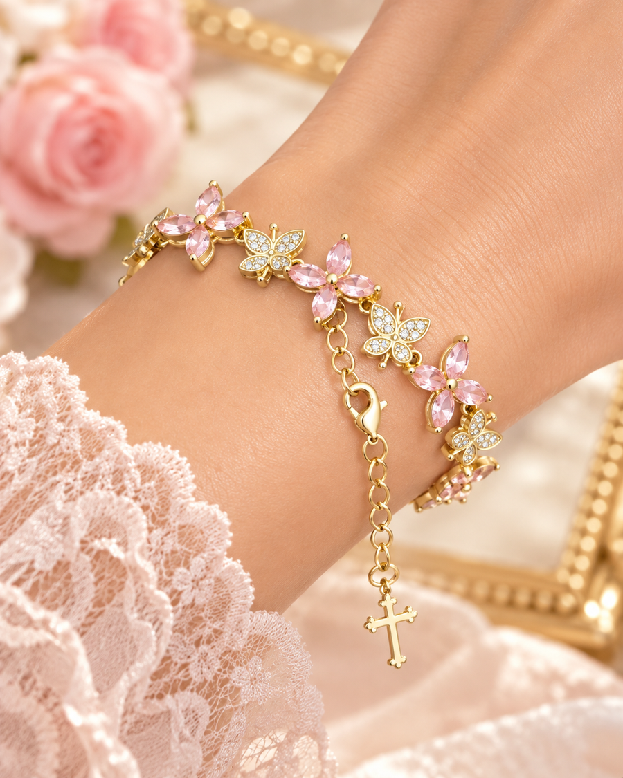 🛍️ Alti’s Blush Butterfly Crystal Bracelet with Cross Charm