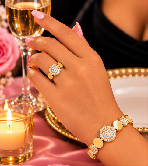 Alti’s Golden Circle bracelet and ring styled image 2