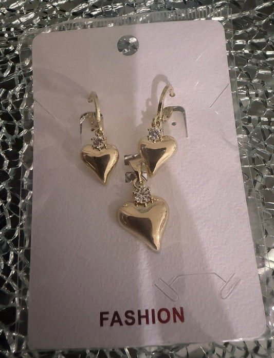 Actual gold-tone heart earrings and matching pendant, chain not included