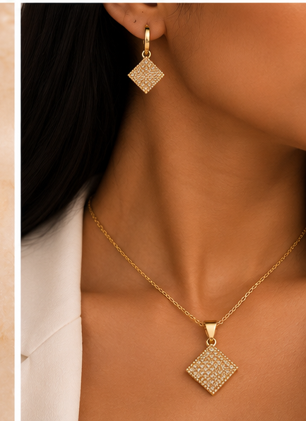 Alti’s Golden Sparkle Earrings & Pendant Set styled image 6; chain for styling only, not included