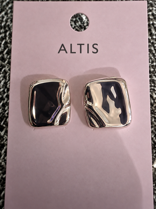 Alti's sculpted silver square statement earrings on branded pink card