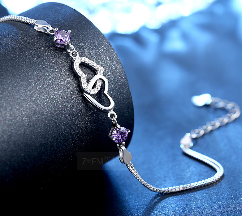 💎 Double Heart Amethyst Silver Bracelet