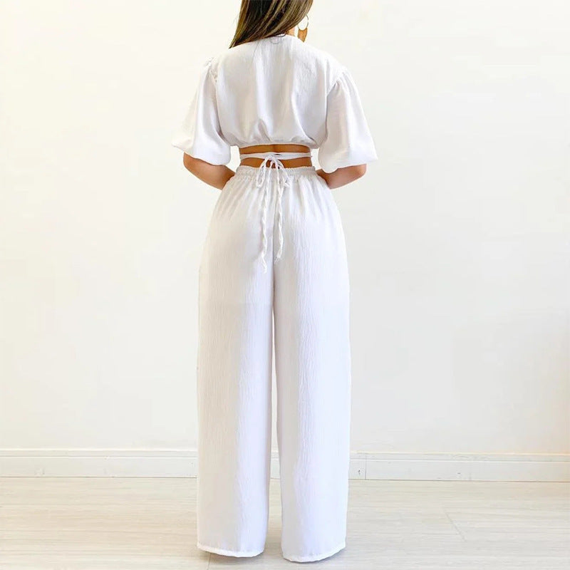 💎 Chic V-Neck Wrap Top & Wide-Leg Pants Set