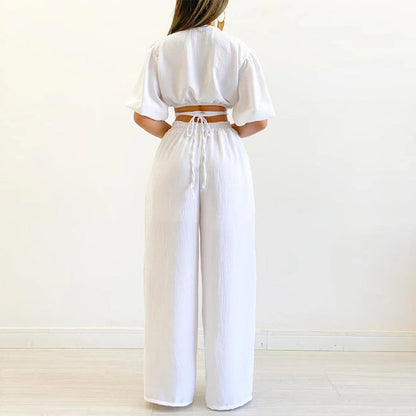 💎 Chic V-Neck Wrap Top & Wide-Leg Pants Set