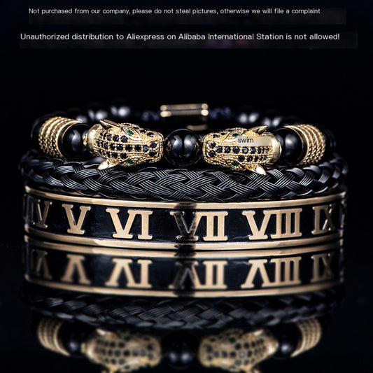 💎 Dual Leopard Head & Roman Bangle Set