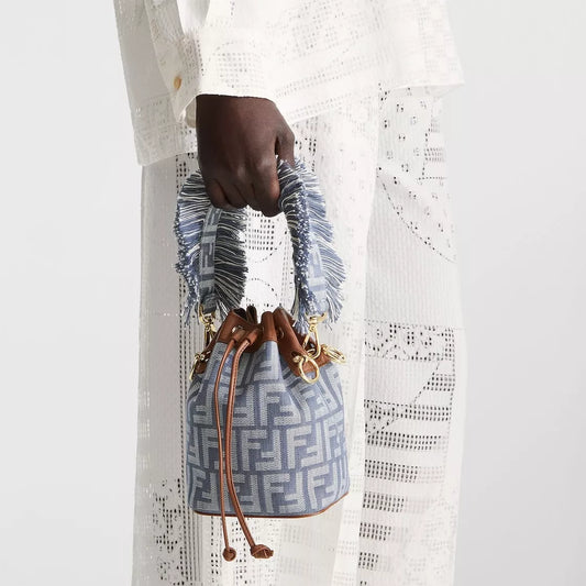 Fendi Mon Tresor Blue Denim Effect FF Jacquard Mini Bucket Bag