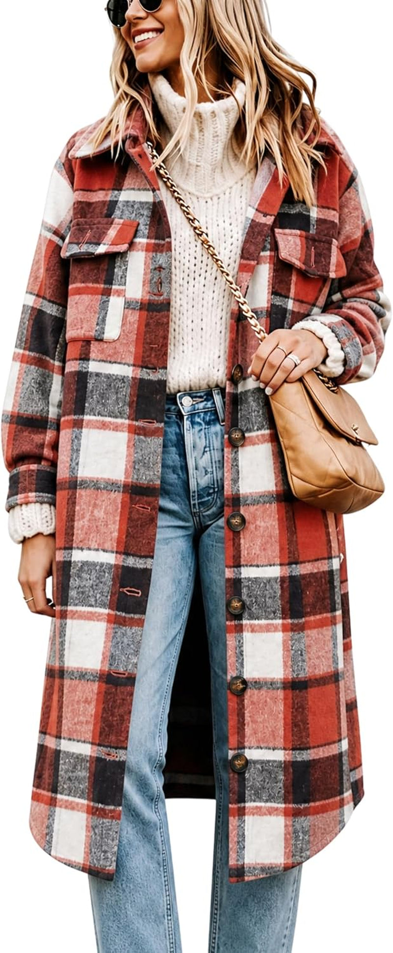 Women Oversized Plaid Shacket Long Fall Flannel Shirt Jacket