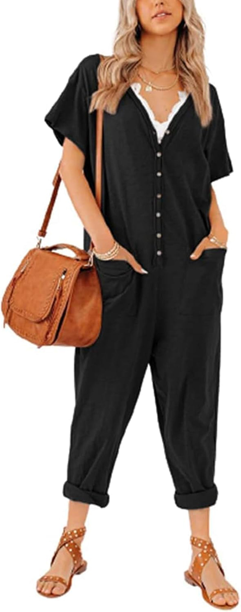 Oversize Women'S One Piece Button up Jumpsuit Casual Loose Short Sleeve V Neck Long Pants Rompers