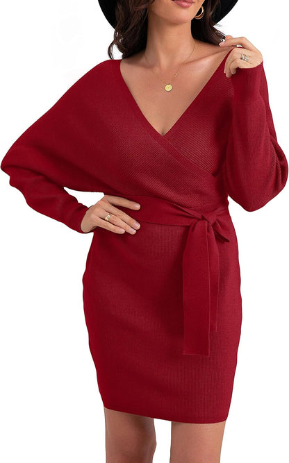 Women'S V Neck Batwing Long Sleeve Sexy Backless Wrap Bodycon Cocktail Pullover Sweater Mini Dress with Belt
