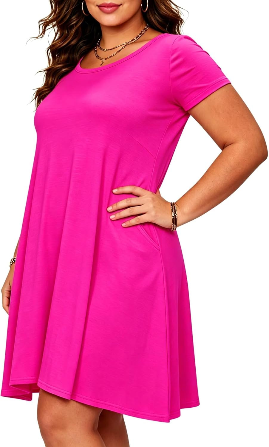 Womens Short Sleeve Loose Pockets Dress Casual Swing T-Shirt Dresses
