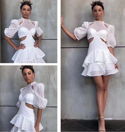 💎 Bella Romance Puff Sleeve Lace Ruffle Dress