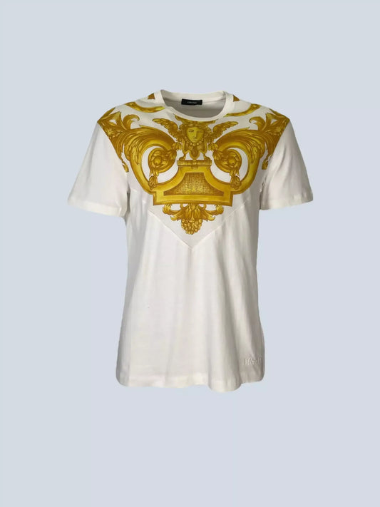 Versace Luxury Medusa Print Cotton T-Shirt with Crew Neck in White and Gold