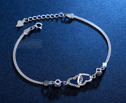 💎 Double Heart Amethyst Silver Bracelet