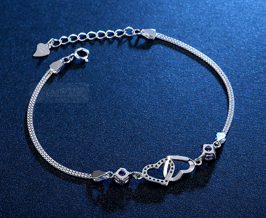 💎 Double Heart Amethyst Silver Bracelet