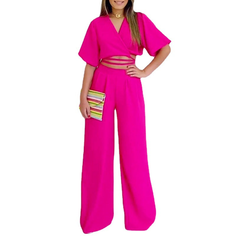 💎 Chic V-Neck Wrap Top & Wide-Leg Pants Set