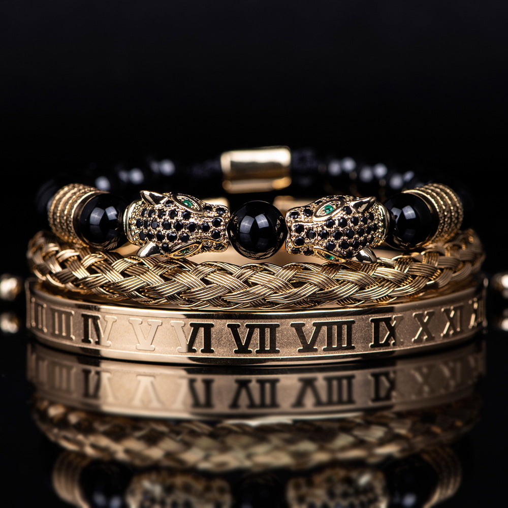 💎 Dual Leopard Head & Roman Bangle Set