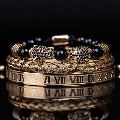 💎 Dual Leopard Head & Roman Bangle Set