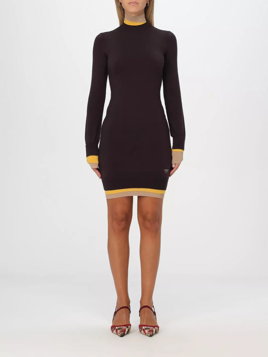 Fendi Wool Mini Dress with Ribbed Detail and Iconic Monogram