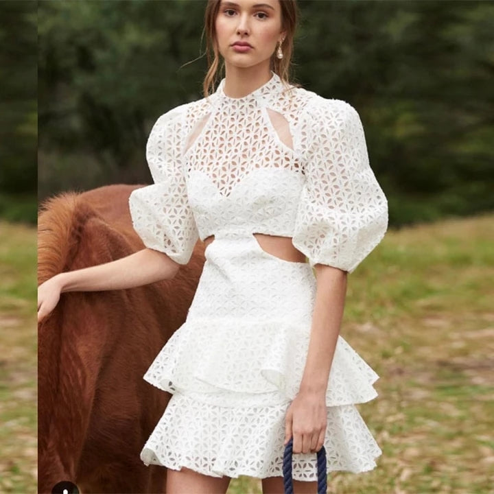 💎 Bella Romance Puff Sleeve Lace Ruffle Dress