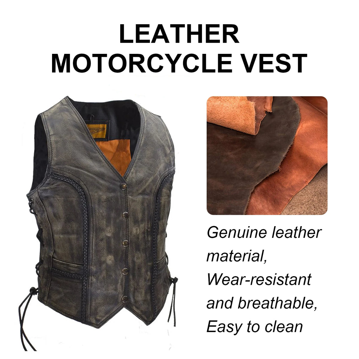 Womens Motorcycle Vest Black Genuine Leather Vests for Ladies Biker Riding Slim Vest with Braid and Side Laces