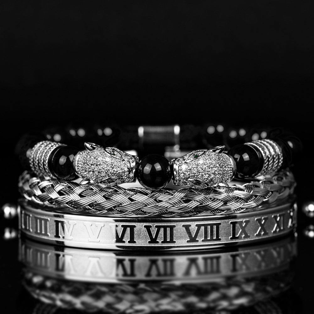 💎 Dual Leopard Head & Roman Bangle Set