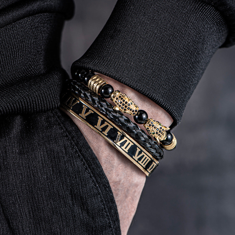 💎 Dual Leopard Head & Roman Bangle Set
