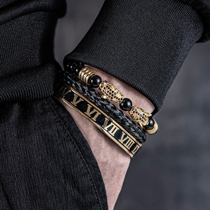 💎 Dual Leopard Head & Roman Bangle Set