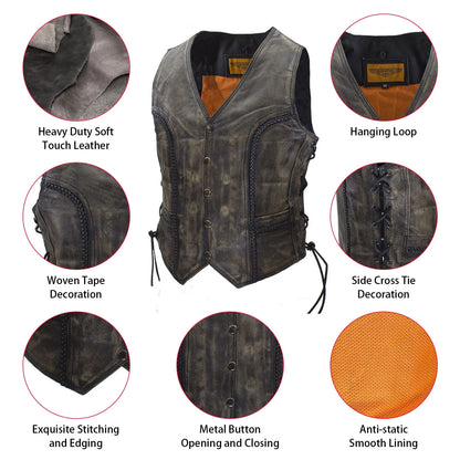 Womens Motorcycle Vest Black Genuine Leather Vests for Ladies Biker Riding Slim Vest with Braid and Side Laces