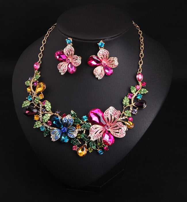 💎 Luxury Multicolor Floral Crystal Necklace & Earring Set