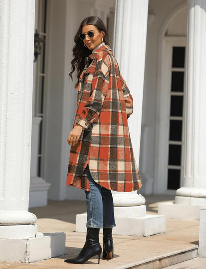 Women Oversized Plaid Shacket Long Fall Flannel Shirt Jacket