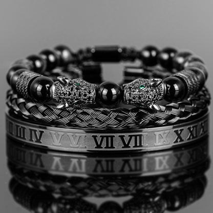 💎 Dual Leopard Head & Roman Bangle Set