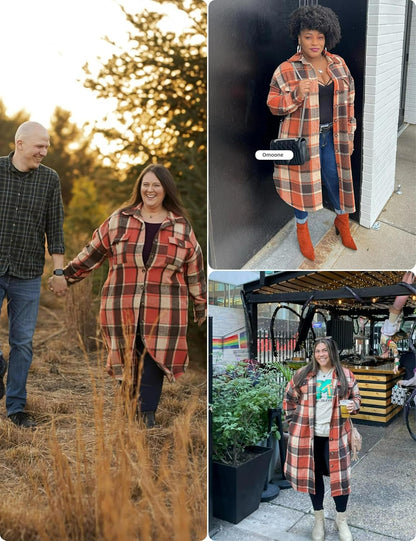 Women Oversized Plaid Shacket Long Fall Flannel Shirt Jacket