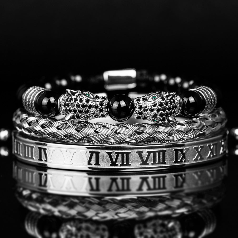 💎 Dual Leopard Head & Roman Bangle Set