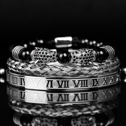 💎 Dual Leopard Head & Roman Bangle Set