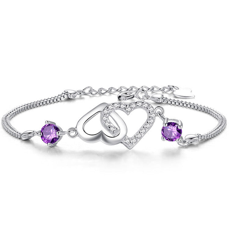 💎 Double Heart Amethyst Silver Bracelet