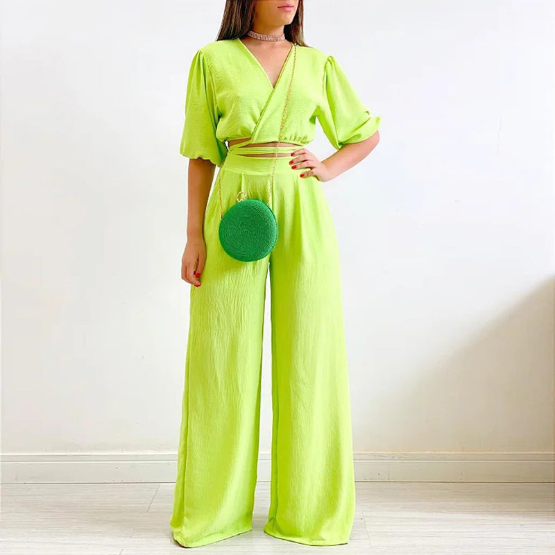 💎 Chic V-Neck Wrap Top & Wide-Leg Pants Set