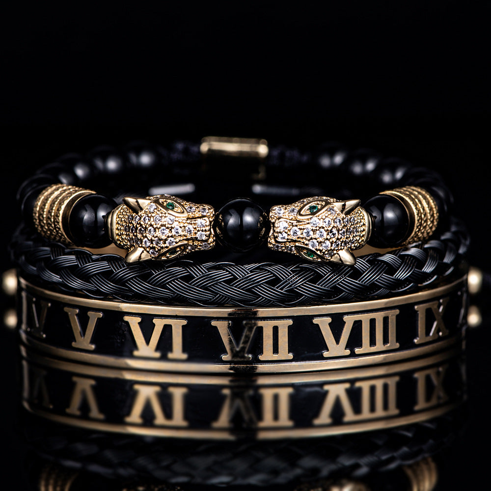 💎 Dual Leopard Head & Roman Bangle Set