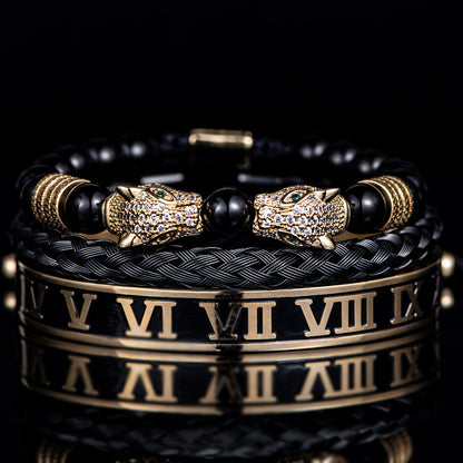 💎 Dual Leopard Head & Roman Bangle Set