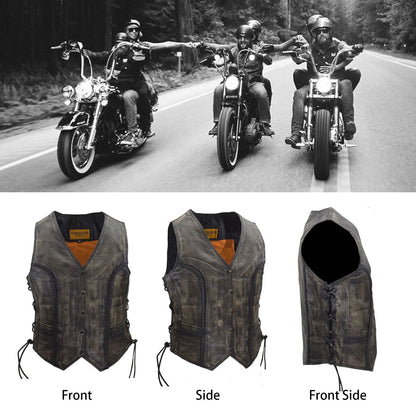 Womens Motorcycle Vest Black Genuine Leather Vests for Ladies Biker Riding Slim Vest with Braid and Side Laces
