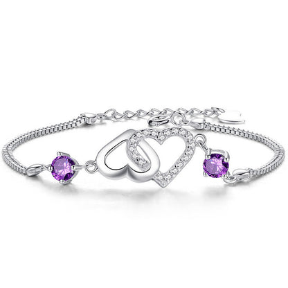 💎 Double Heart Amethyst Silver Bracelet