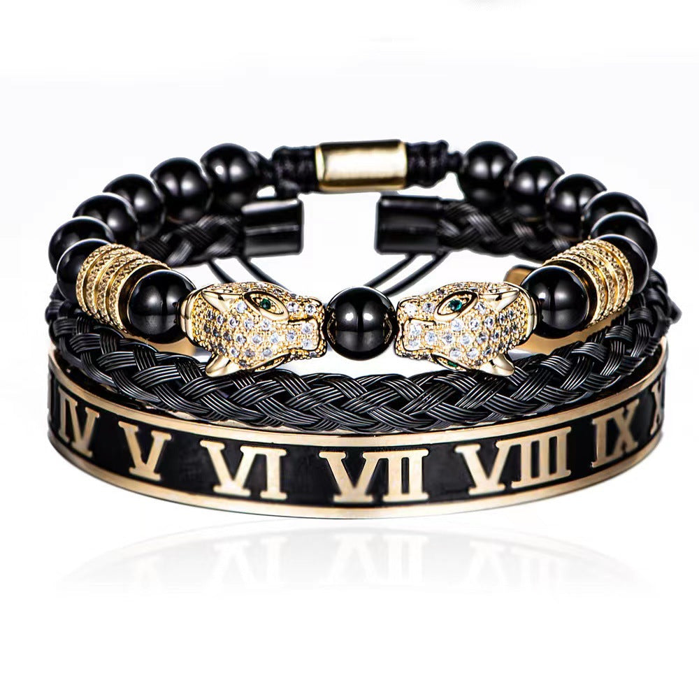 💎 Dual Leopard Head & Roman Bangle Set