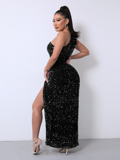🦋 Veloura One-Shoulder Sequin Gown