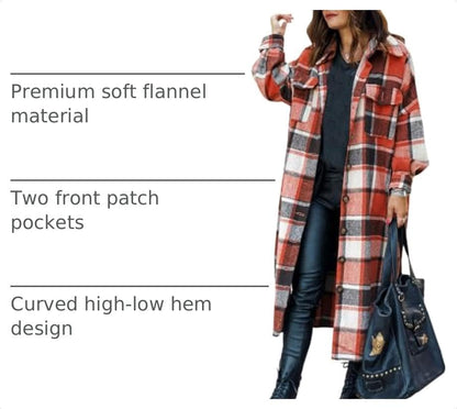 Women Oversized Plaid Shacket Long Fall Flannel Shirt Jacket