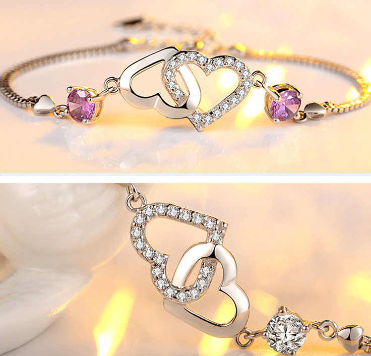 💎 Double Heart Amethyst Silver Bracelet