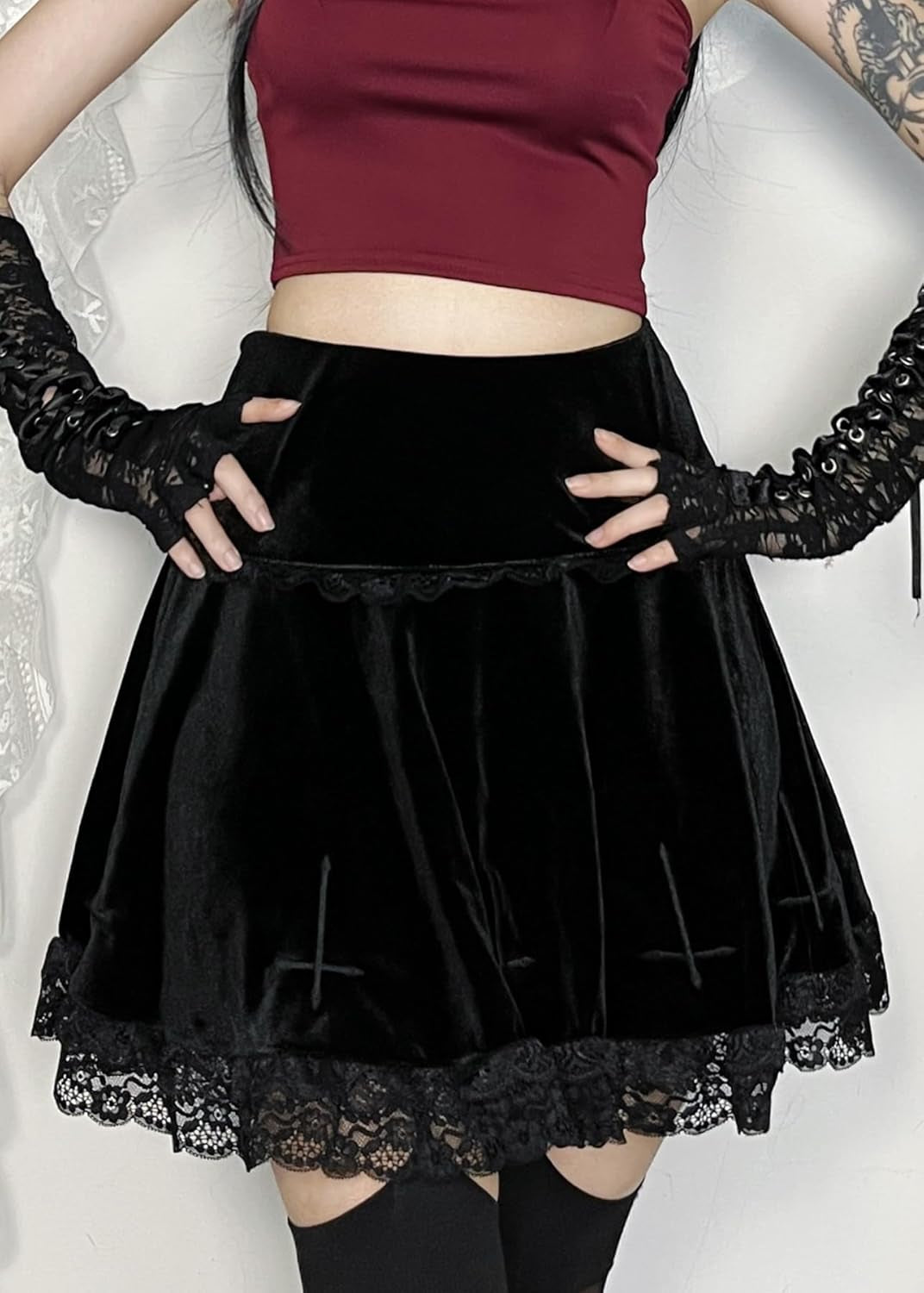 Womens Gothic Mini Skirts Punk Grunge Velvet Skirts High Waist Emo Skirt Mall Goth Alt Harajuku Skirt