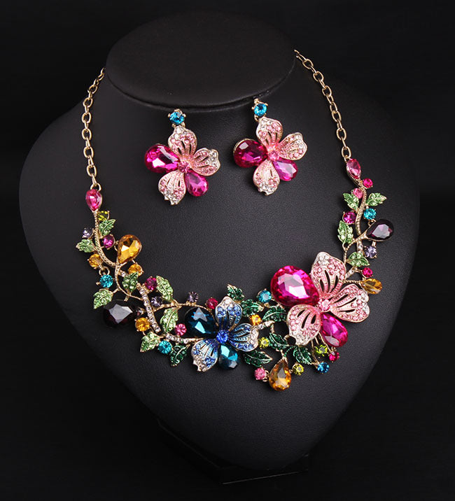 💎 Luxury Multicolor Floral Crystal Necklace & Earring Set