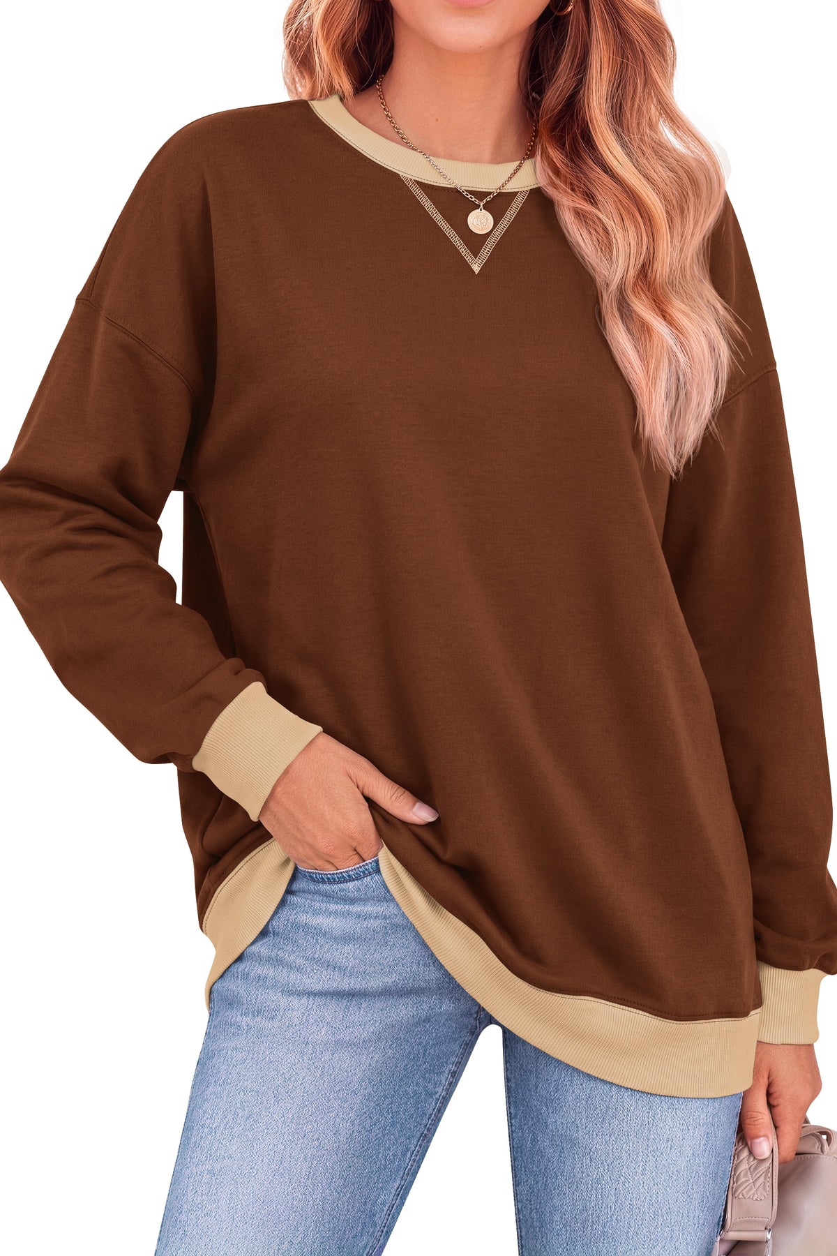 Color Block Sweatshirts for Women Crewneck Long Sleeve Oversized Pullover Tops Casual Fall Outfits