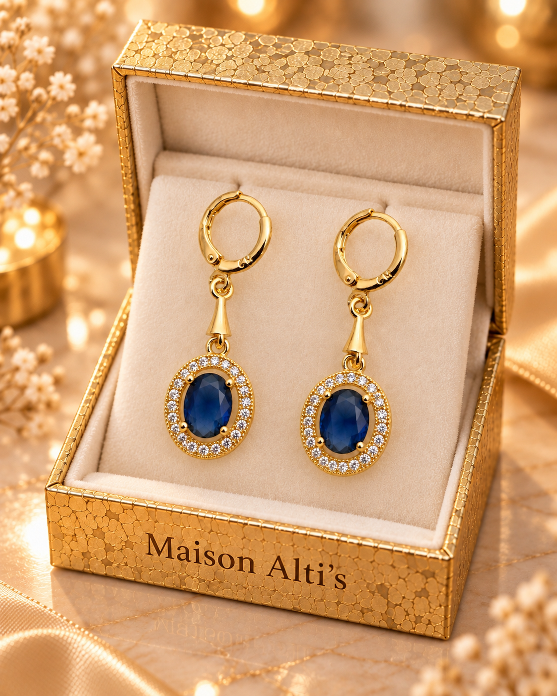 Maison Alti’s Royal Blue Halo Drop Earrings