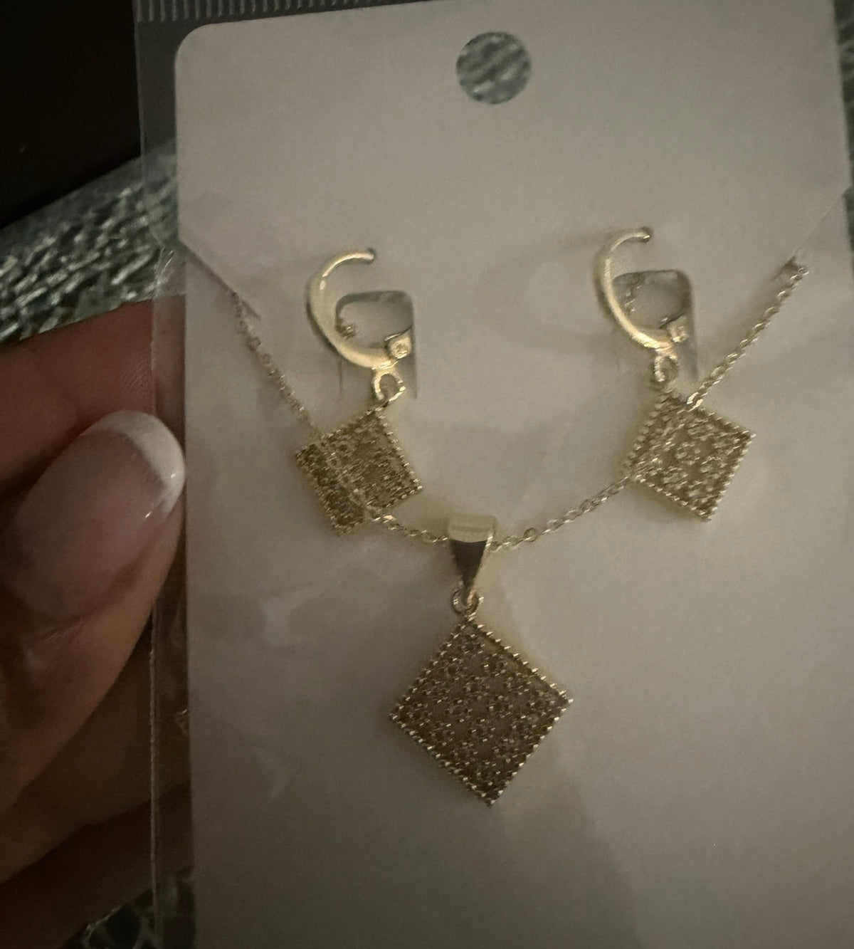 Alti’s Diamond-Shaped Sparkle Necklace & Earrings Set actual product photograph