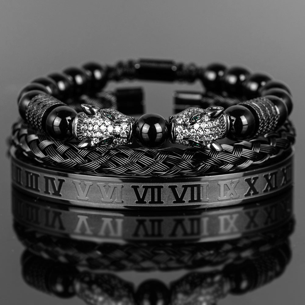 💎 Dual Leopard Head & Roman Bangle Set